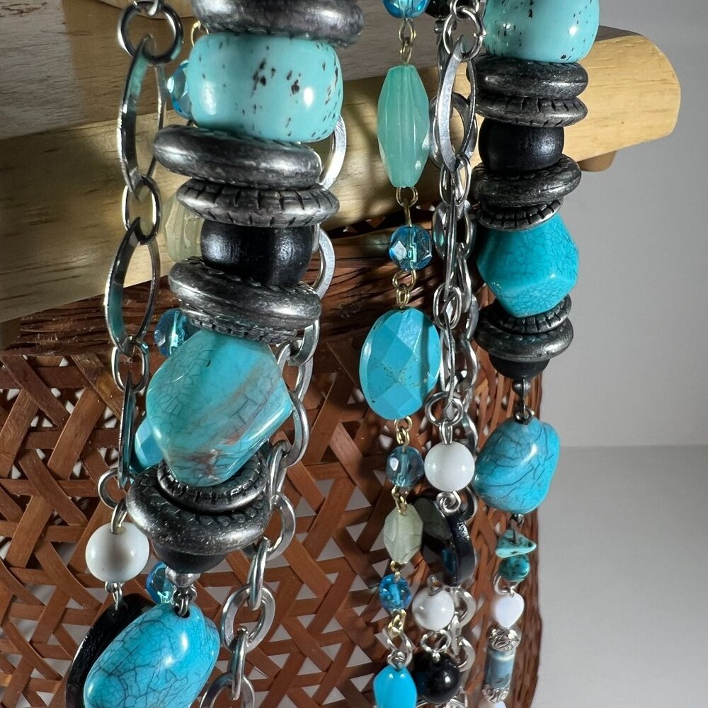2 Turquoise & Black Beaded Keychain With Crackle Glass Accent Multi-Toned Gemsto - Picture 6 of 7